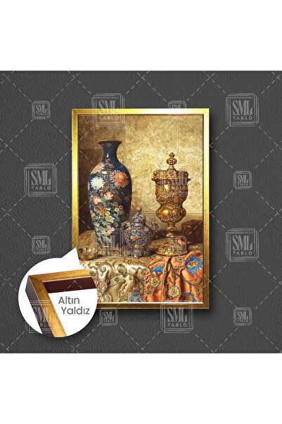 SML TABLO Çiçekli Mavi Ve Gold Vazo İşlemeli Etnik Örtüler Çerçeveli Dikey Ka...