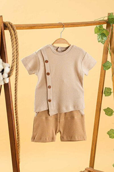 bombe Kız Erkek Bebek Çocuk Bej 2'li Takım Bisiklet Yaka Şortlu Pamuklu Rahat Trend Moda Alt Üst Takım