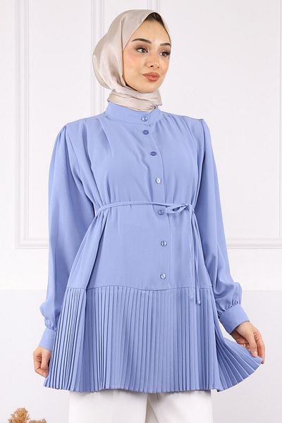 İmajButik Light Blue Skirt Pleated Waist Belted Tunic