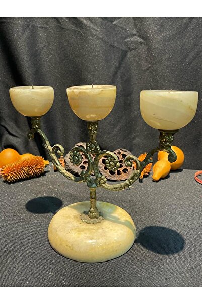 Dedemin Antikaları Antika Mermer Kaideli 3 Kollu Pirinç Şamdan