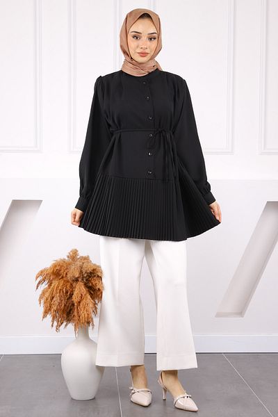 İmajButik Μαύρη φούστα με πλισέ χιτώνα με ζώνη στη μέση