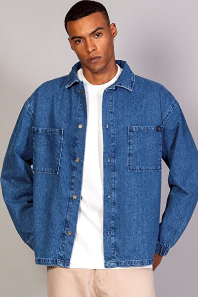 MissKybele Çift Göğüs Cepli Yıkamalı Uzun Ucu Lastili Kollu Düğme Kapamalı Gömlek Model Oversize Denim Ceket