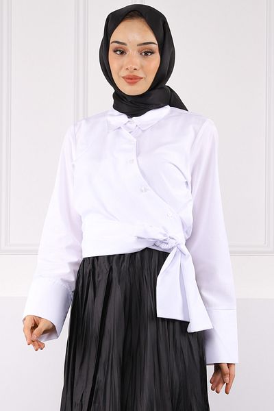 İmajButik Cămașă crop albă cu cravată în talie