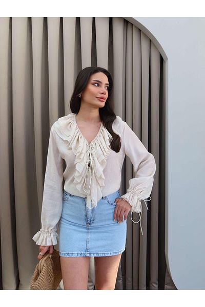 Julidress Beige V-Neck Ruffle Detailed Blouse Shirt