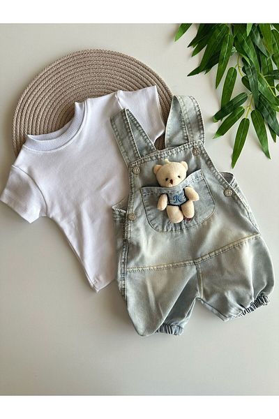 Cimcime Bebe Gray White Color Teddy Bear Baby Denim Salopet