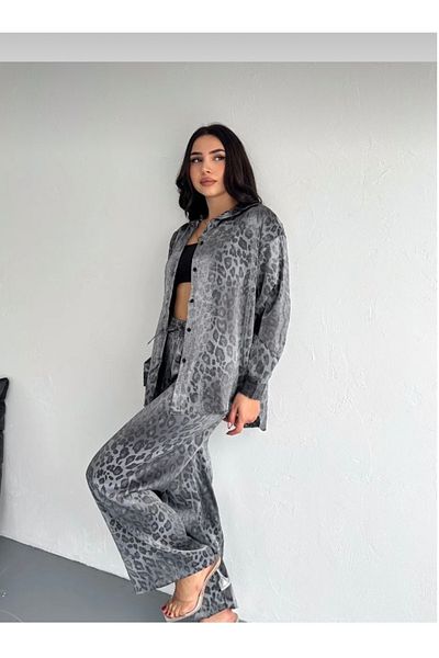 Ekim Store Set de două piese pantaloni cămașă leopard din satin de sezon nou