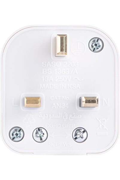 Alfanar قابس مع فيوز أبيض للتيار المتردد بثلاث دبابيس 13 امبير وجهد 250 فولت من الفنار، AN34