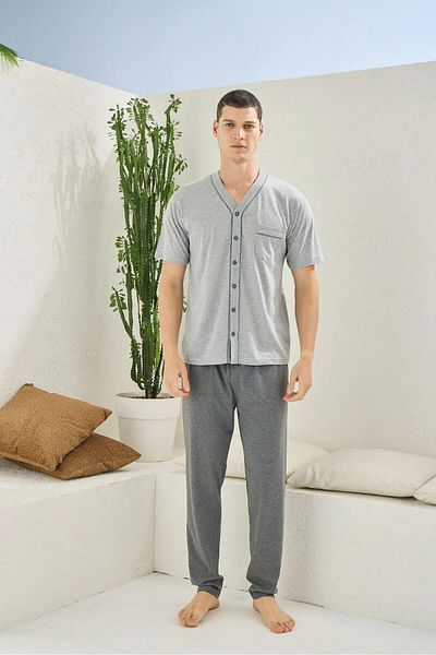 KLY PİJAMA Kly 2113 Men's 100% Cotton Button-Down Half Sleeve Pajama Set