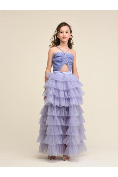 Zekids Kız Çocuk Pullu Üst Ve Kat Kat Tüllü Önü Kısa Arkası Uzun Abiye Elbise