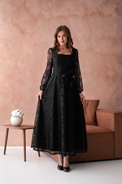 Masspera Kare Yaka Uzun Kollu Fransız Tül Dantel Tasarım Maxi Boy Abiye Elbise