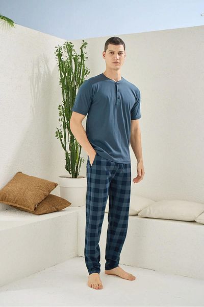 KLY PİJAMA Kly 2111 Men's 100% Cotton Half Button Half Sleeve Plaid Pajamas Suit