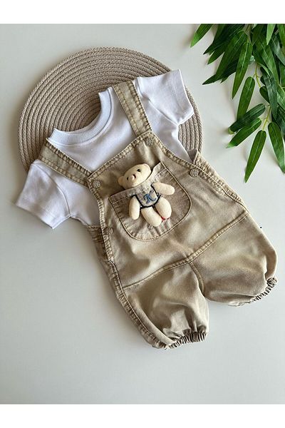 Cimcime Bebe Brown White Color Teddy Bear Baby Denim Salopet