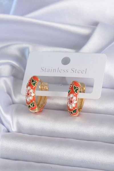 STOREMAX 316L Steel Gold Color Flower Embroidery Orange Women's Earrings - Tj-Bkp7891