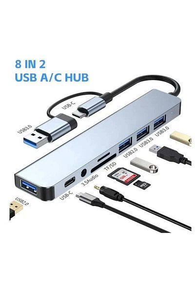 Spon USB C + USB Type A Hub 8 in1, USB C Adapter with Two USB-C Ports, USB 3.0, SD / TF Card Reader