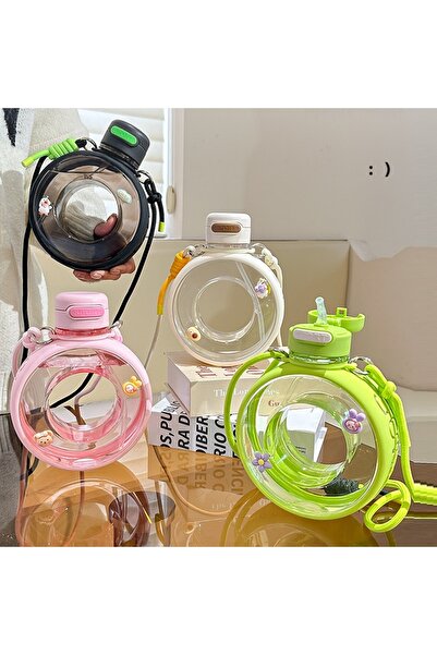 Livava Round Water Bottle 750 Ml, with Hanger and Straw, White, 20X16