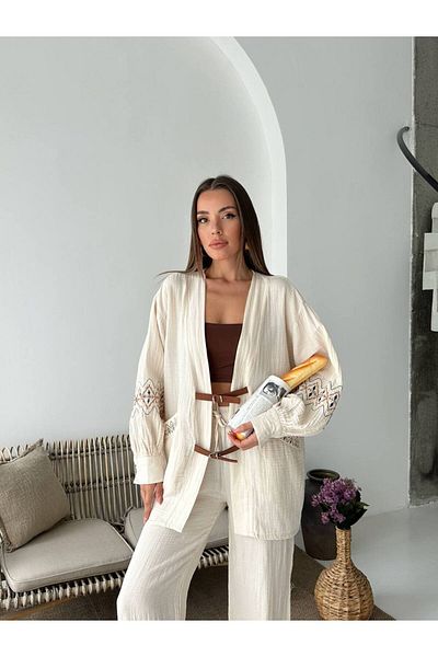 Lusin Γυναικείο εκρού κέντημα και λεπτομέρεια ζώνης με μπαλόνι μανίκι μουσελίνα ύφασμα Premium κιμονό