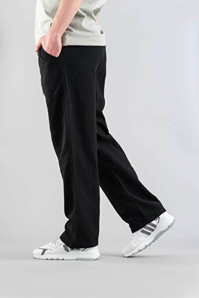 bombe Erkek Keten Pantolon Beli Lastikli Pamuklu Rahat Pantolon Siyah
