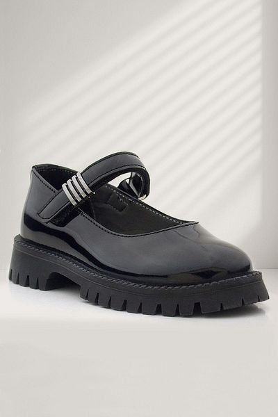 Rakerplus Black Patent Leather Velcro Thick Sole Metal Detailed Girls' School Shoes