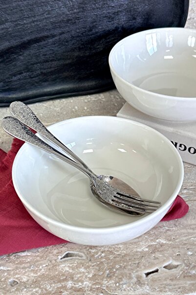 porselenden Modern Krem 19 cm 2'li Derin Premium Porselen Salata Kasesi Sunum Seti