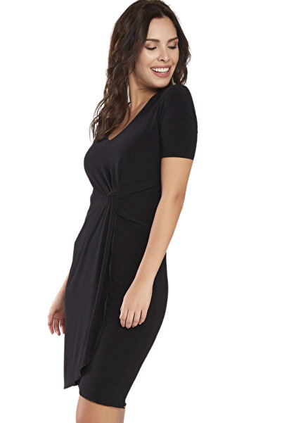 Laranor Black V-Neck Waist Twisted Detail Double Breasted Skirt Dress 24L7539