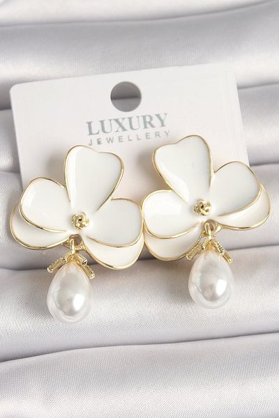 STOREMAX Brass Gold Color White Flower Model Drop Pearl Detail Women's Earrings - Tj-Bkp10459