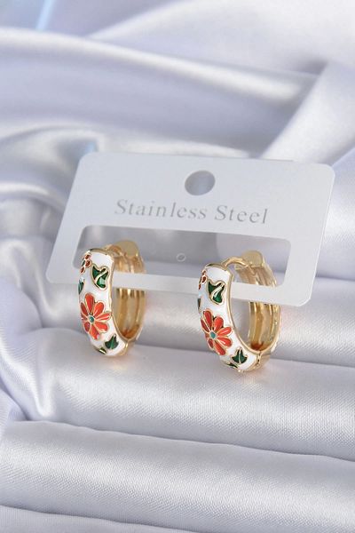 STOREMAX 316L Steel Gold Color White Color Flower Engraving Detail Women's Earrings - Tj-Bkp7894