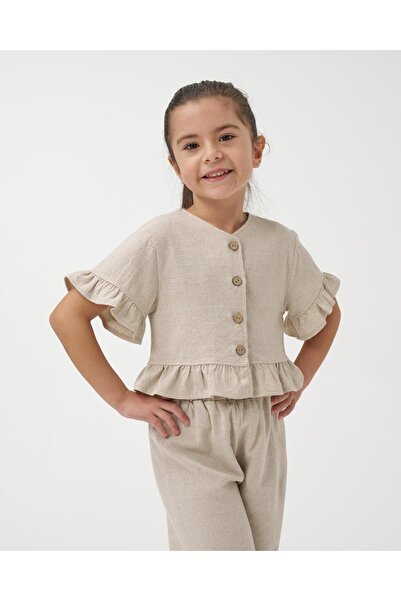 Magu Girl's Linen Beige Ruffle Detailed Buttoned Wide Leg Trousers Two Piece Set