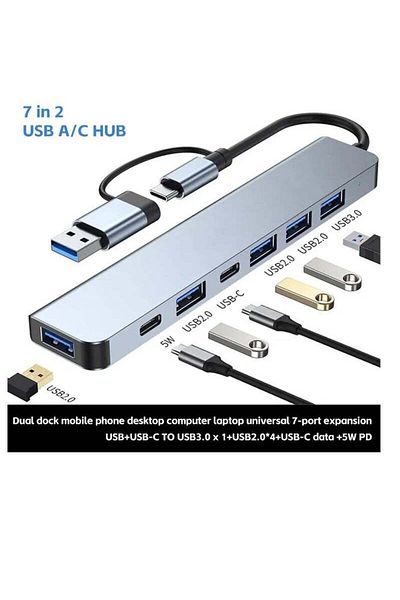 Digital USB C + USB Type A Hub 7 in1, USB C Adapter with Two USB-C Ports, USB 3.0