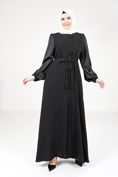 BEYZA FERACE Saten Detaylı Siyah Ferace 9247