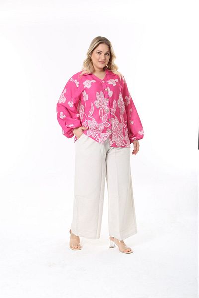 Butik Nilyam طقم قميص وبنطلون كتان بأكمام بالونية مقاس كبير للسيدات 24748