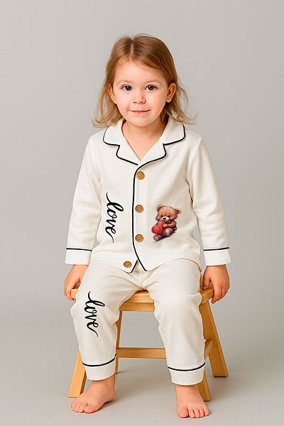 peki baby&kids Well Seasonal Girl's Soft Combed Cotton Love Teddy Bear Print Line Piping Pajama Set 18855