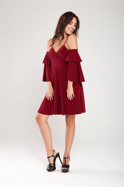 Laranor Burgundy Two Layers Flounces Sleeve Design Strap Flared Dress 24L7550