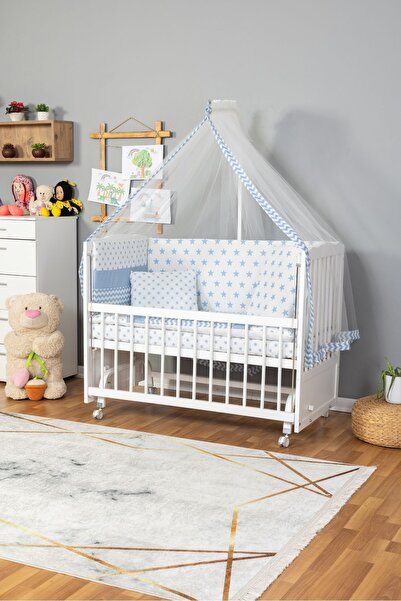 Bamgidoo Ahşap Beşik Anne Yanı Beşik Beyaz 60x120 - Mavi Yıldız Tek Yastık Uy...