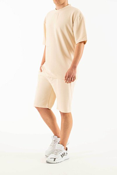 bombe Férfi bézs szett 2 db-os zsebnyomott, túlméretezett kényelmes, laza szabású póló rövidnadrág szett