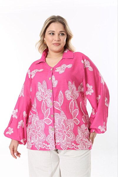 Butik Nilyam Women's Large Size Balloon Sleeve Detailed Shirt Pants Linen Suit 24748