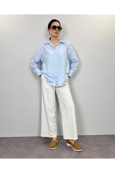 deqfashion Mavi Poplin Oversize Salaş Gömlek