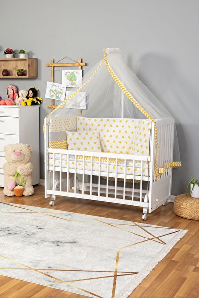 Bamgidoo Ahşap Beşik Anne Yanı Beşik Beyaz 60x120 - Sarı Yıldız Tek Yastık Uy...