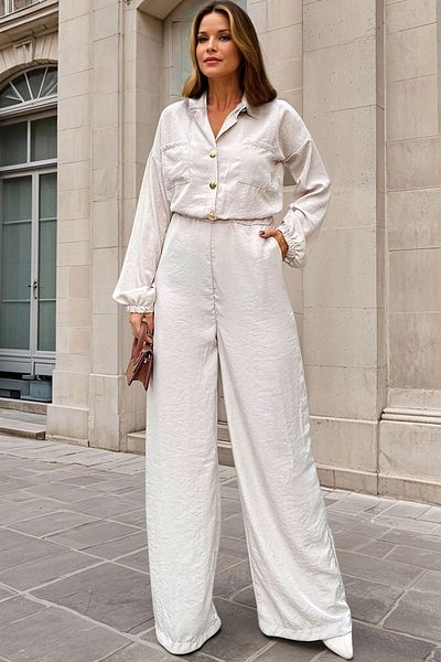 bacc Women's Stone Half Placket Elastic Waist Loose Wide Leg Pocket Loose Jumpsuit Bcbsk-25700-3360