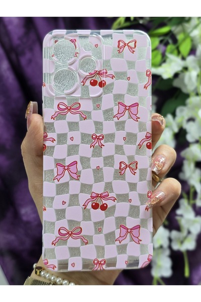 Magic Ring Xiaomi Redmi 12 Uyumlu Kurdele ve Kiraz Desenli Şeffaf Telefon Kılıfı