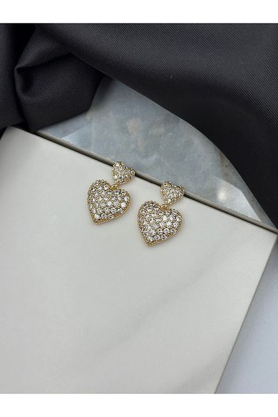 Lumiera Gold Detailed Dangle Heart Zircon Stone Design Steel Earrings