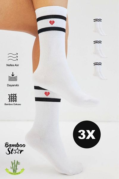 bamboo star Premium Bamboo Women's Striped White Seamless 3-Piece Socks - Heart Patterned Tennis Socks