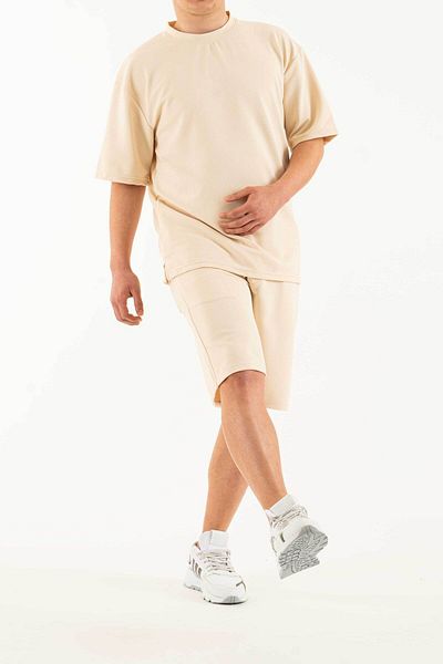 bombe Ανδρικό μπεζ σετ 2 τσέπης με στάμπα Oversize Comfort Loose Cut T-shirt Σετ σορτς
