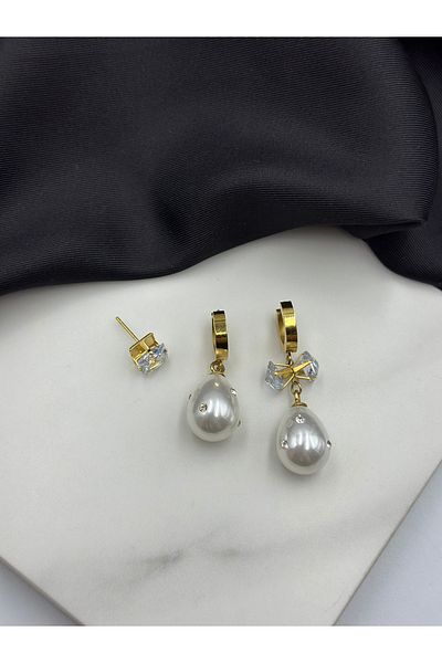 Lumiera 3Pcs Pearl Zircon Stone Design Dangle Steel Earrings