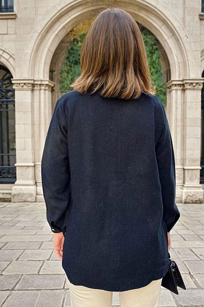 bacc Cămașă neagră pentru femei, oversize, cu buzunar dublu, Bcbsk-25700-3275