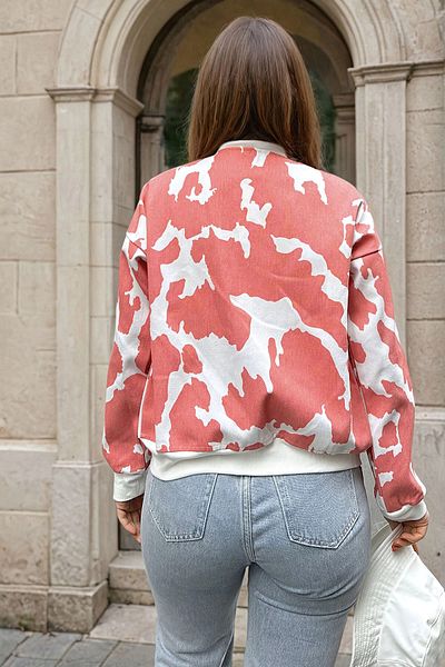 bacc Women's Pomegranate Flower Self Patterned Gabardine Double Pocket Zippered Bomber Jacket Bcbsk-25700-3567
