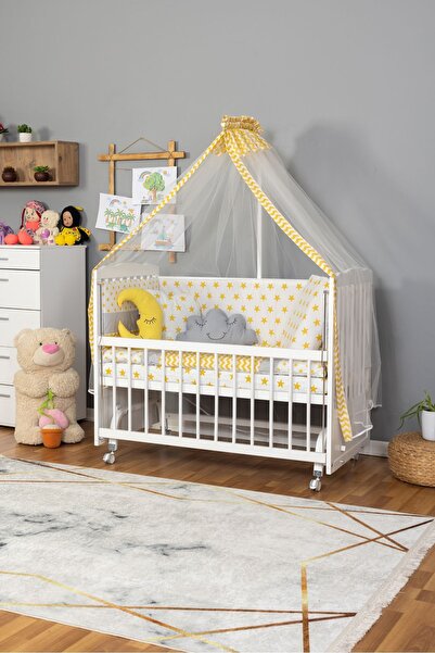 Bamgidoo Ahşap Beşik Anne Yanı Beşik Beyaz 60x120 - Sarı Yıldız 3 Yastık Uyku...