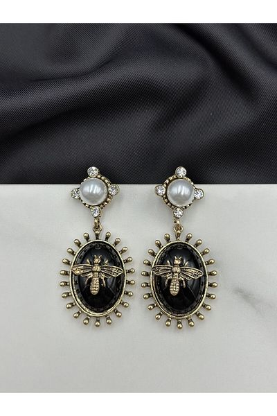 Lumiera Black and White Pearl Bee Figured Vintage Design Brand Model Dangle Earrings
