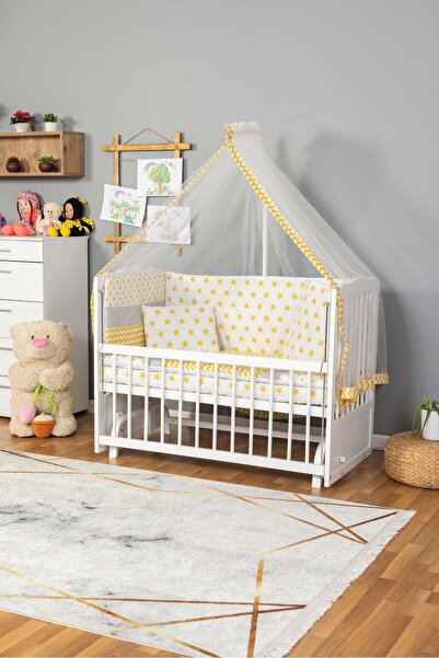 Bamgidoo Ahşap Beşik Anne Yanı Beşik Beyaz 60x120 - Sarı Yıldız Tek Yastık Uy...