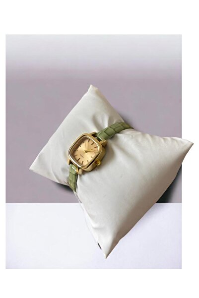 Brality ساعة يد نسائية موديل فينتاج (أخضر) بحبل تمساح وغطاء ذهبي 0061