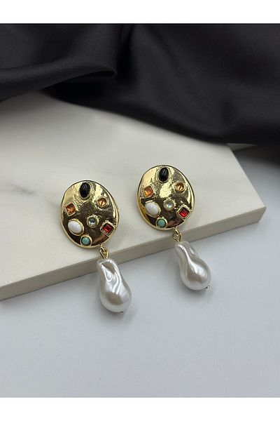 Lumiera Gold Colorful Stone Detailed Palette Design Pearl Brand Model Hanging Earrings